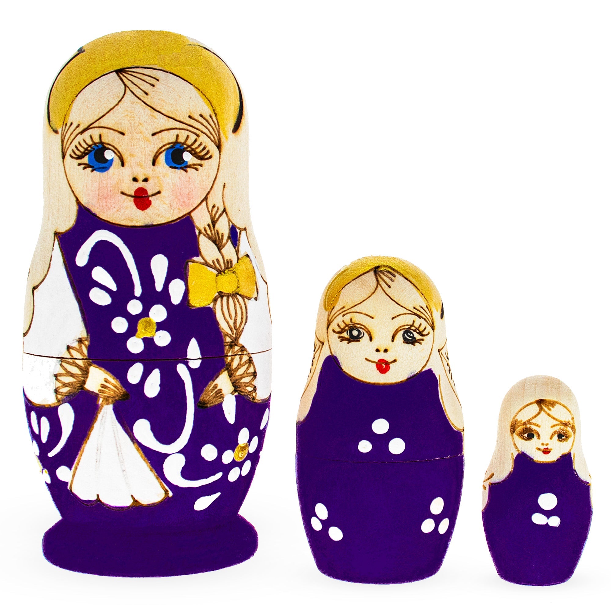 Set Of 3 Purple Woodburning Style Wooden Nesting Dolls