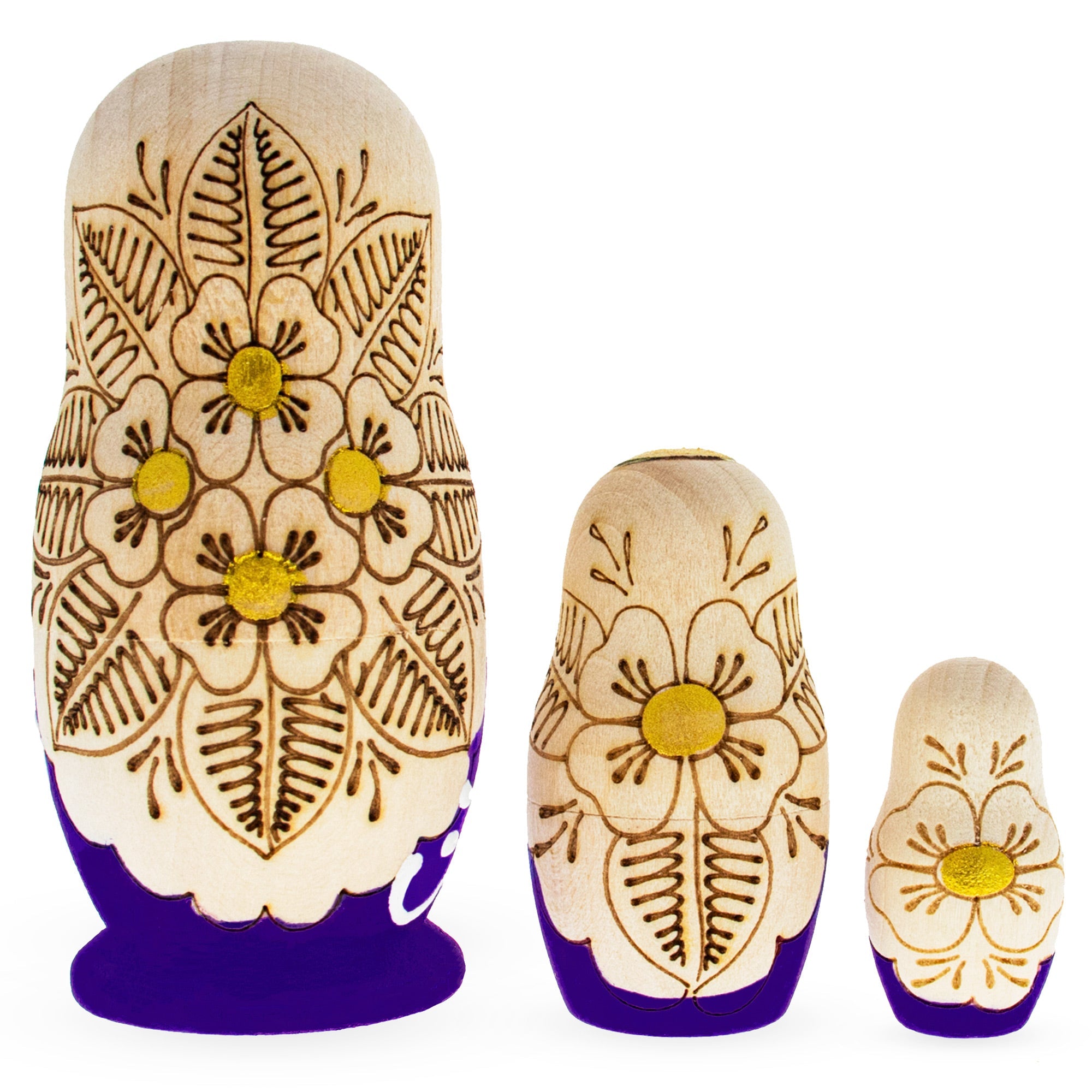 Set Of 3 Purple Woodburning Style Wooden Nesting Dolls