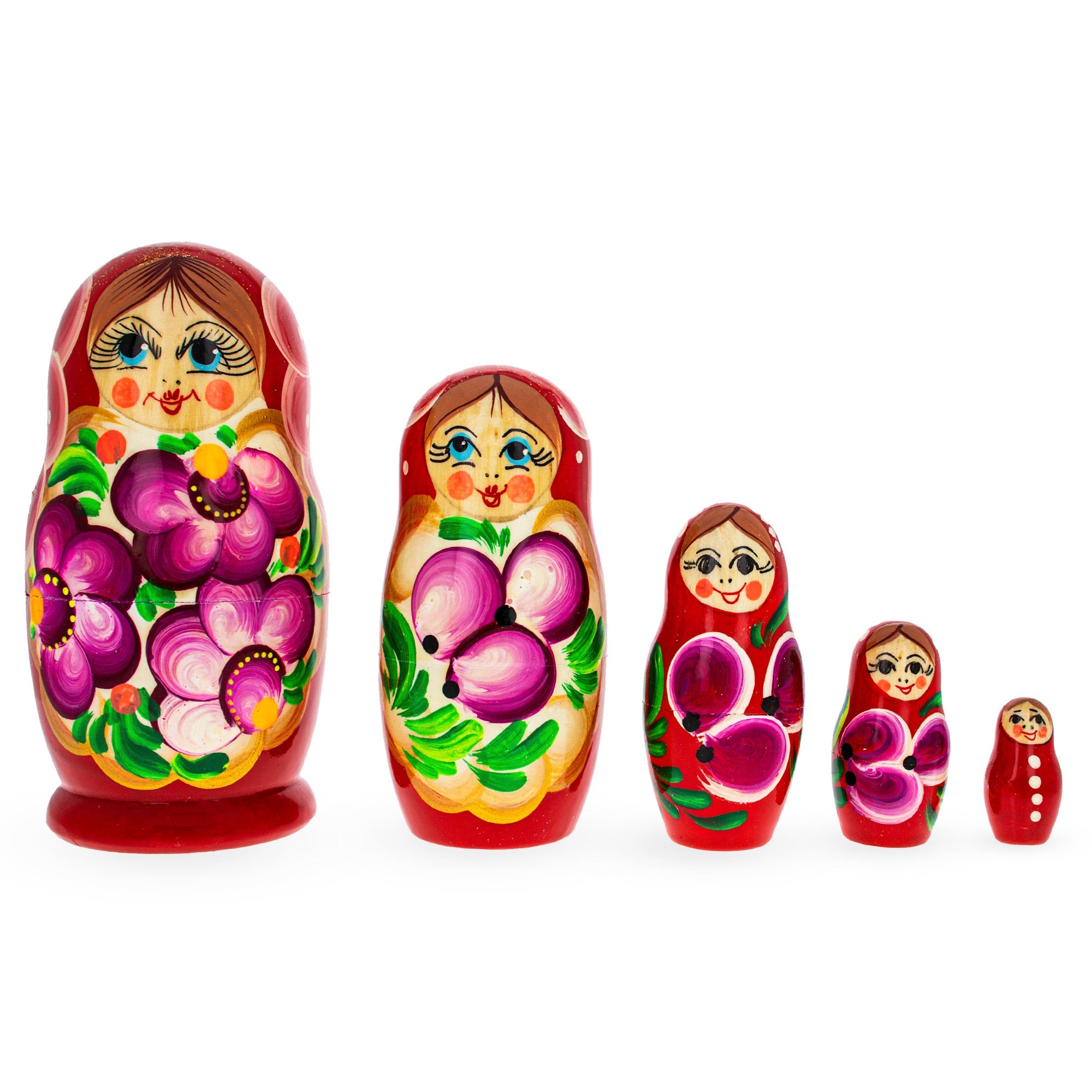 Beautiful Wooden Matryoshka With Red Color Hood And Flowers Wooden Nesting Dolls