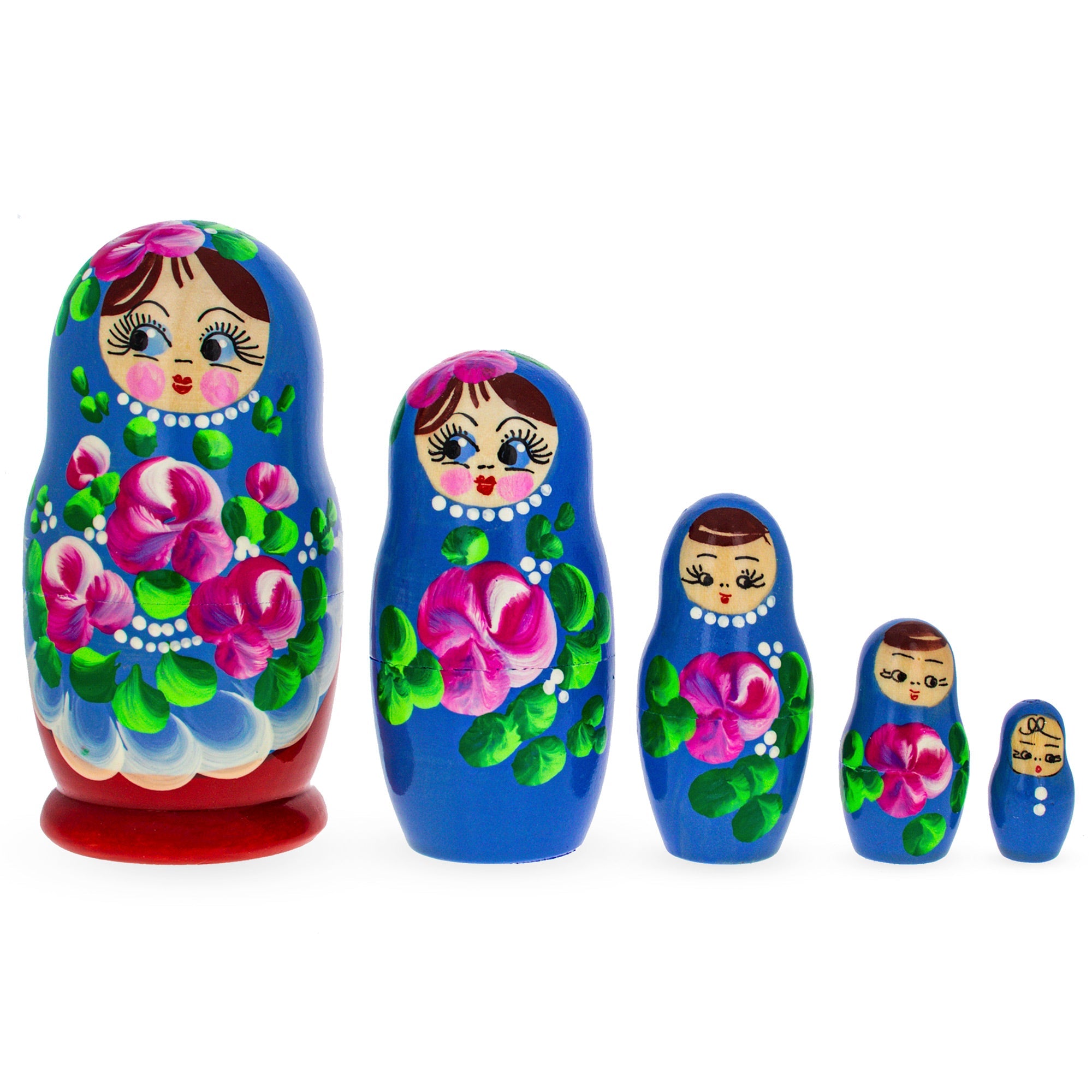 Beautiful Wooden  With Blue Color Hood And Pink Flowers Nesting Dolls