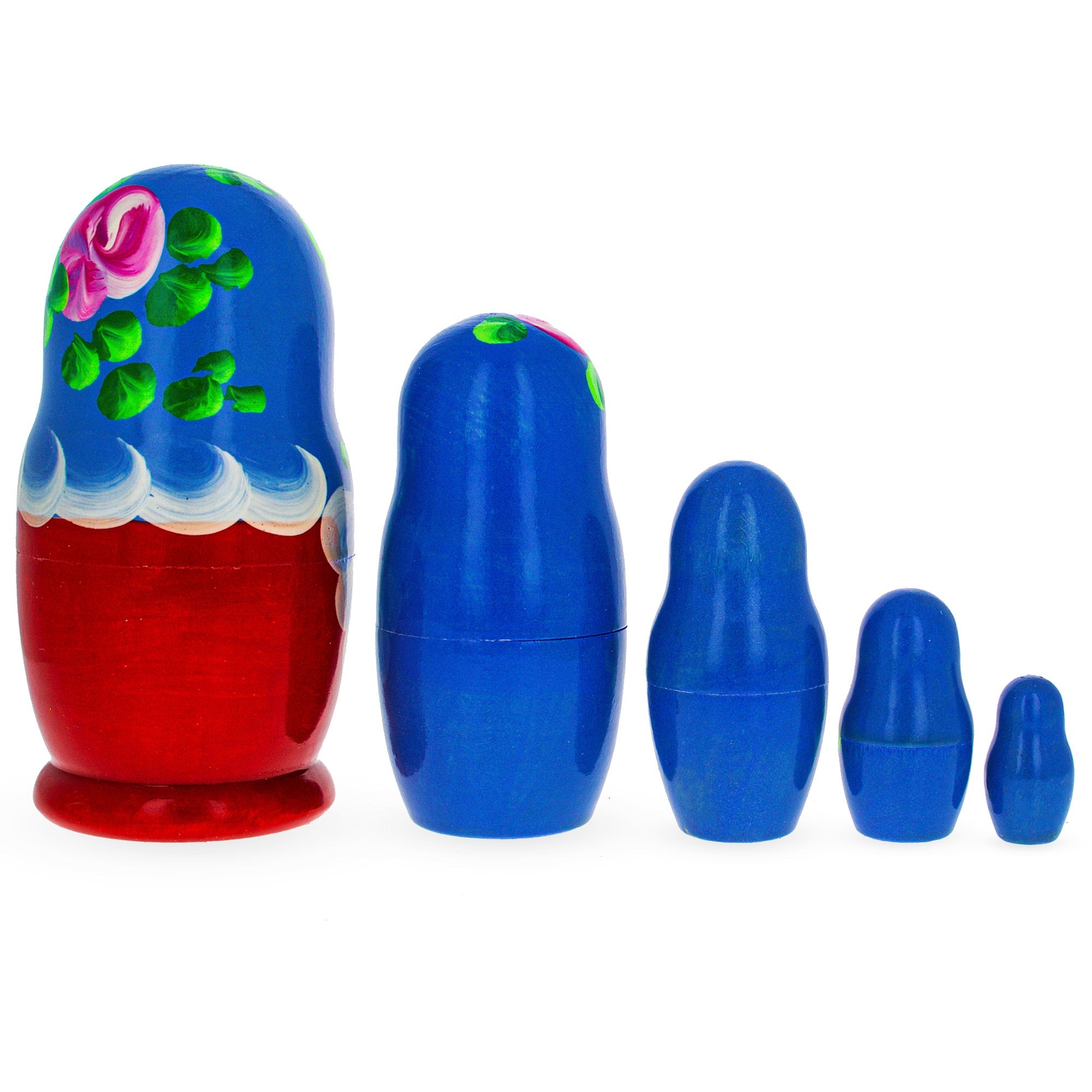 Beautiful Wooden  With Blue Color Hood And Pink Flowers Nesting Dolls