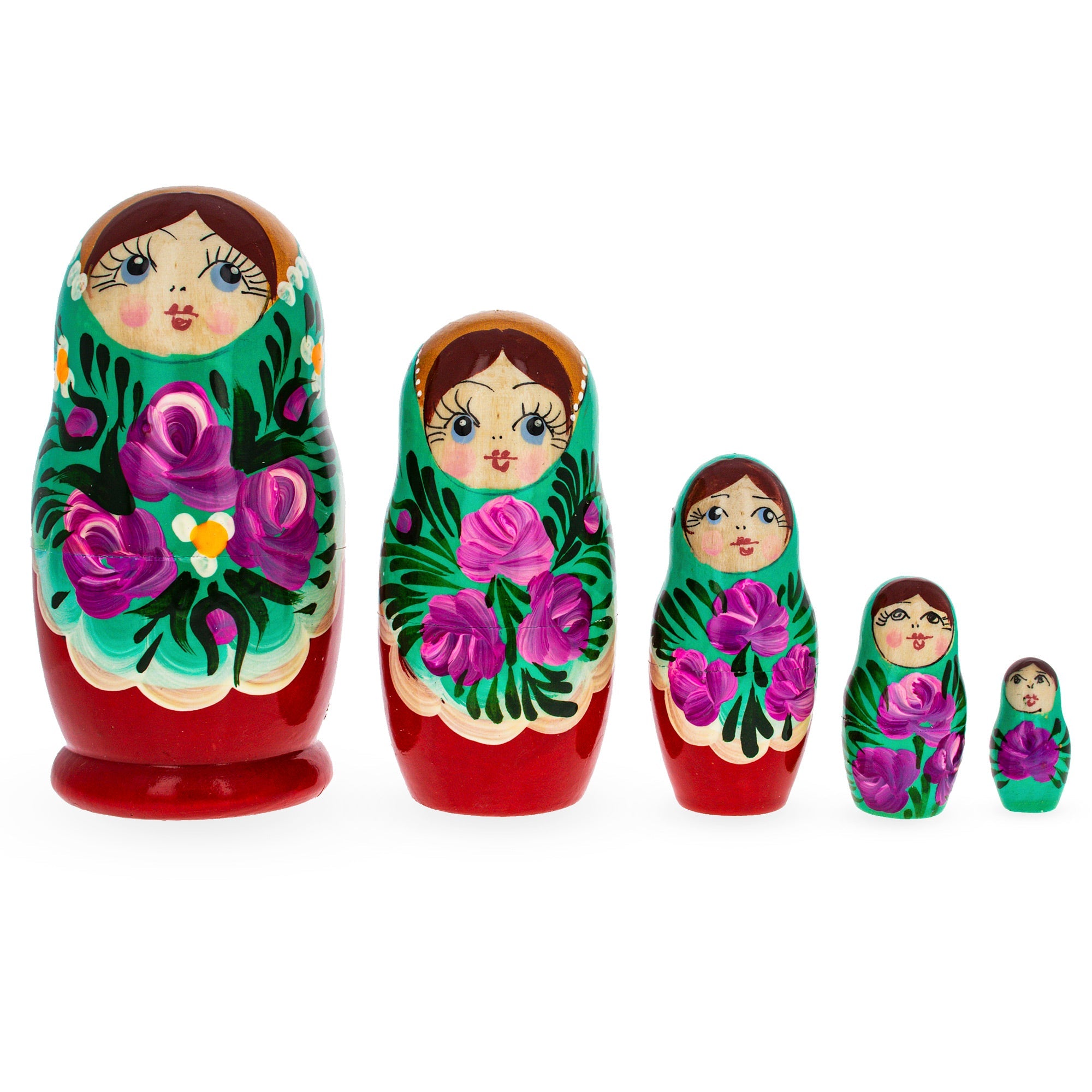 Beautiful Wooden  With Green Color Hood And Flowers Nesting Dolls