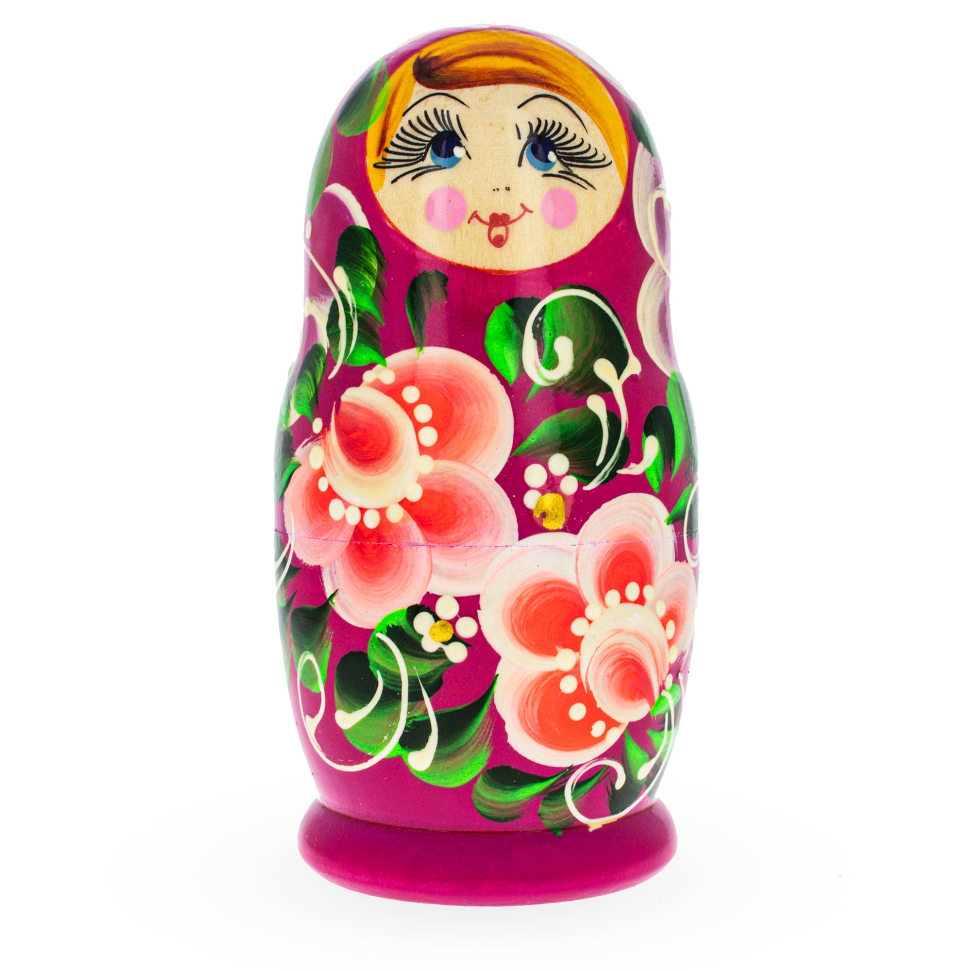 Purple Wooden  With Pink Color Hood And Orange Flowers Nesting Dolls