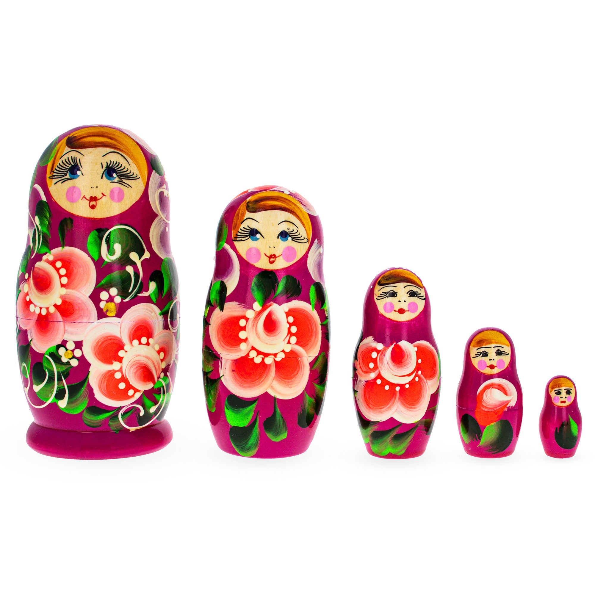 Purple Wooden  With Pink Color Hood And Orange Flowers Nesting Dolls