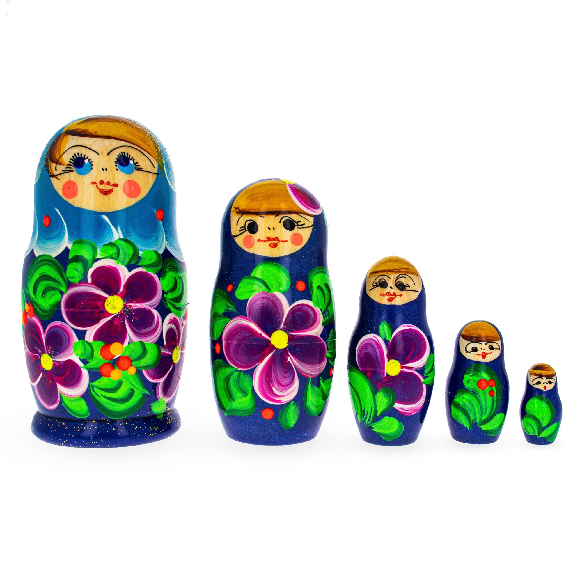 Beautiful Wooden  With Light Blue Color Hood And Flowers Nesting Dolls