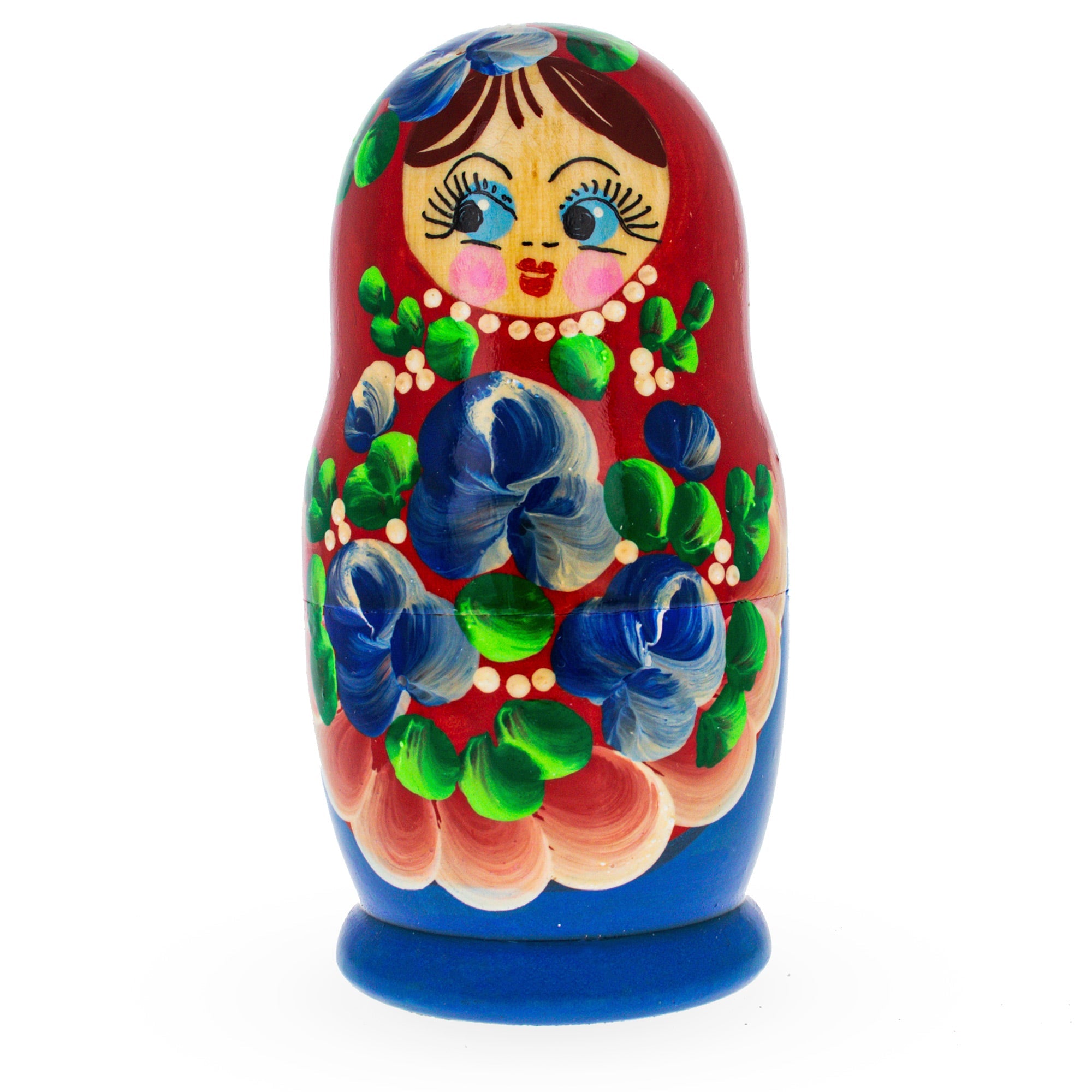 Beautiful Wooden  With Red Color Hood And Blue Flowers Nesting Dolls