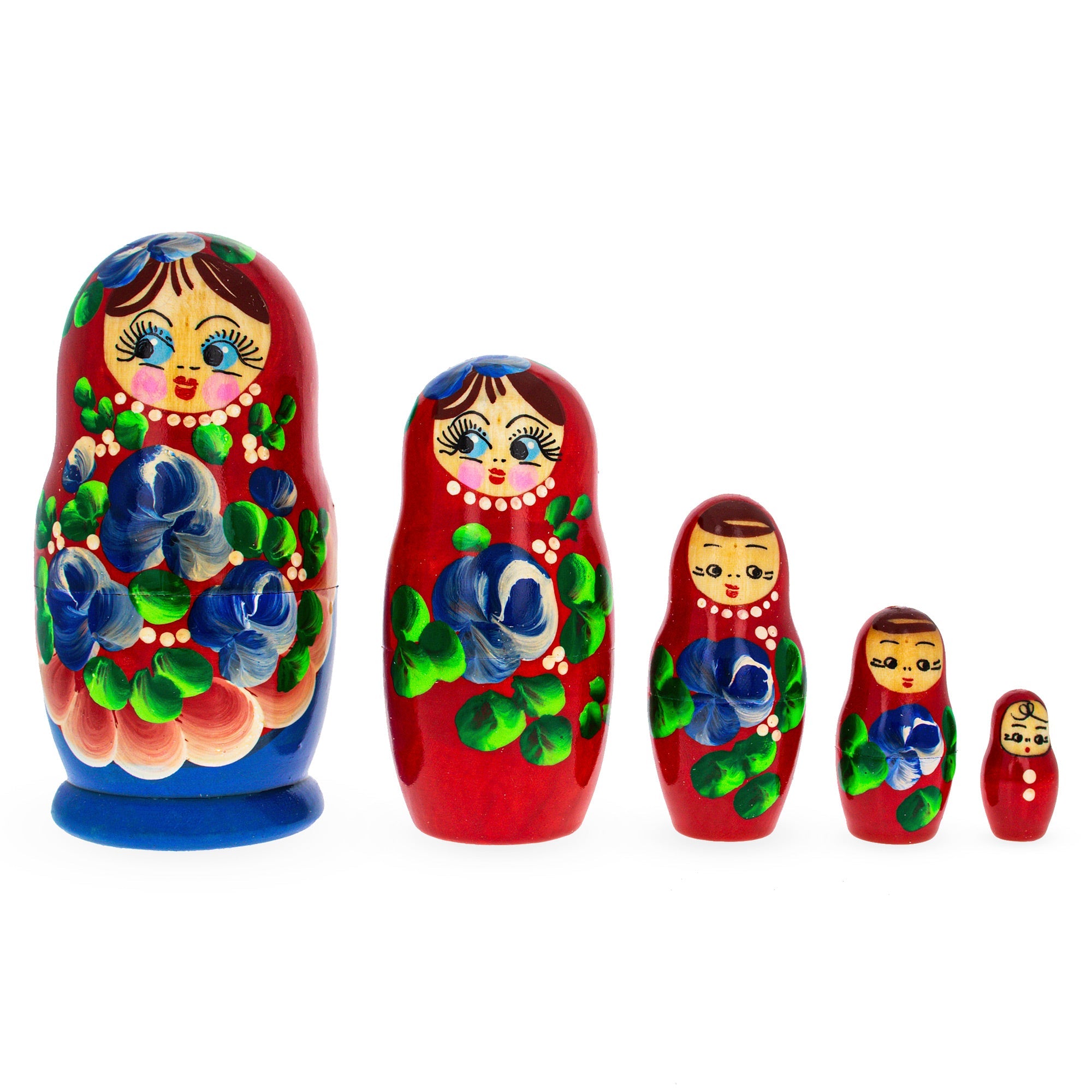 Beautiful Wooden  With Red Color Hood And Blue Flowers Nesting Dolls