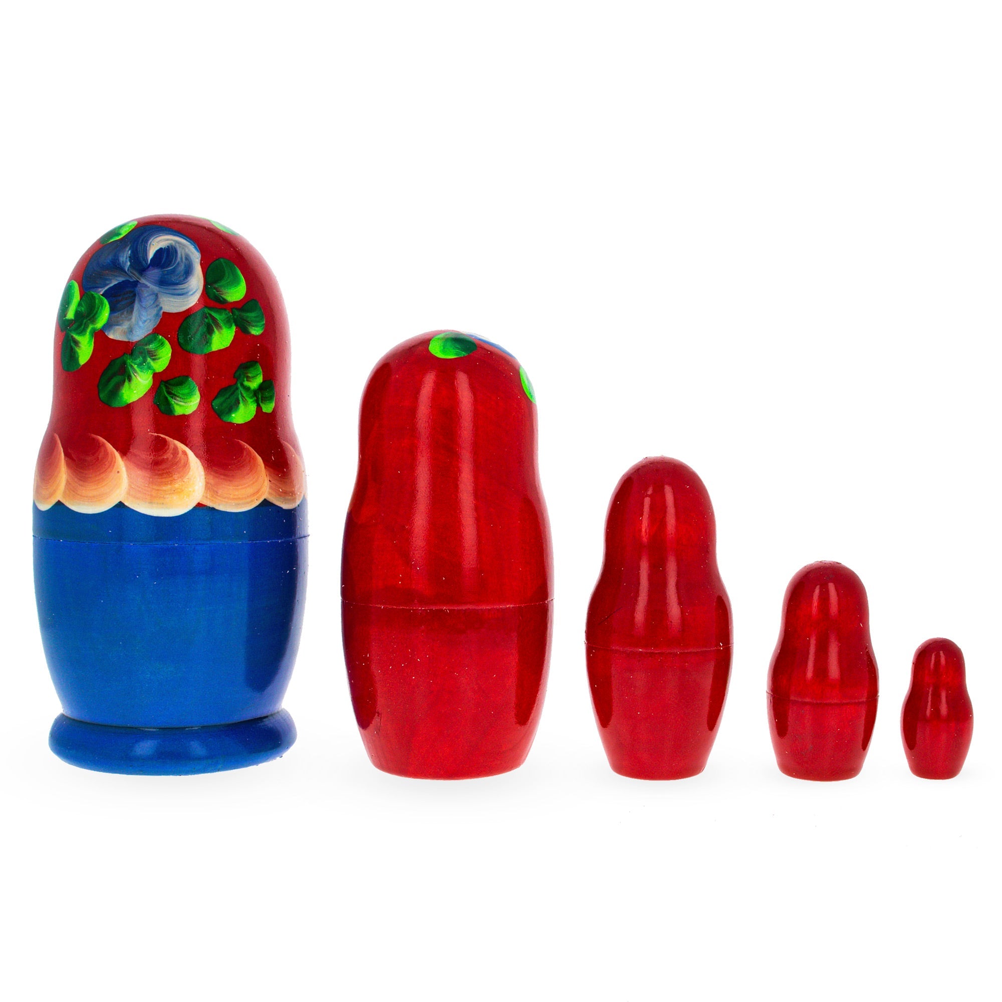 Beautiful Wooden  With Red Color Hood And Blue Flowers Nesting Dolls