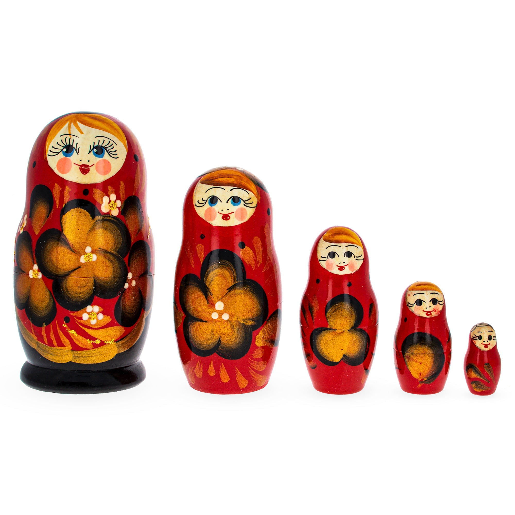 Beautiful Wooden  With Red Color Hood And Golden Flowers Nesting Dolls