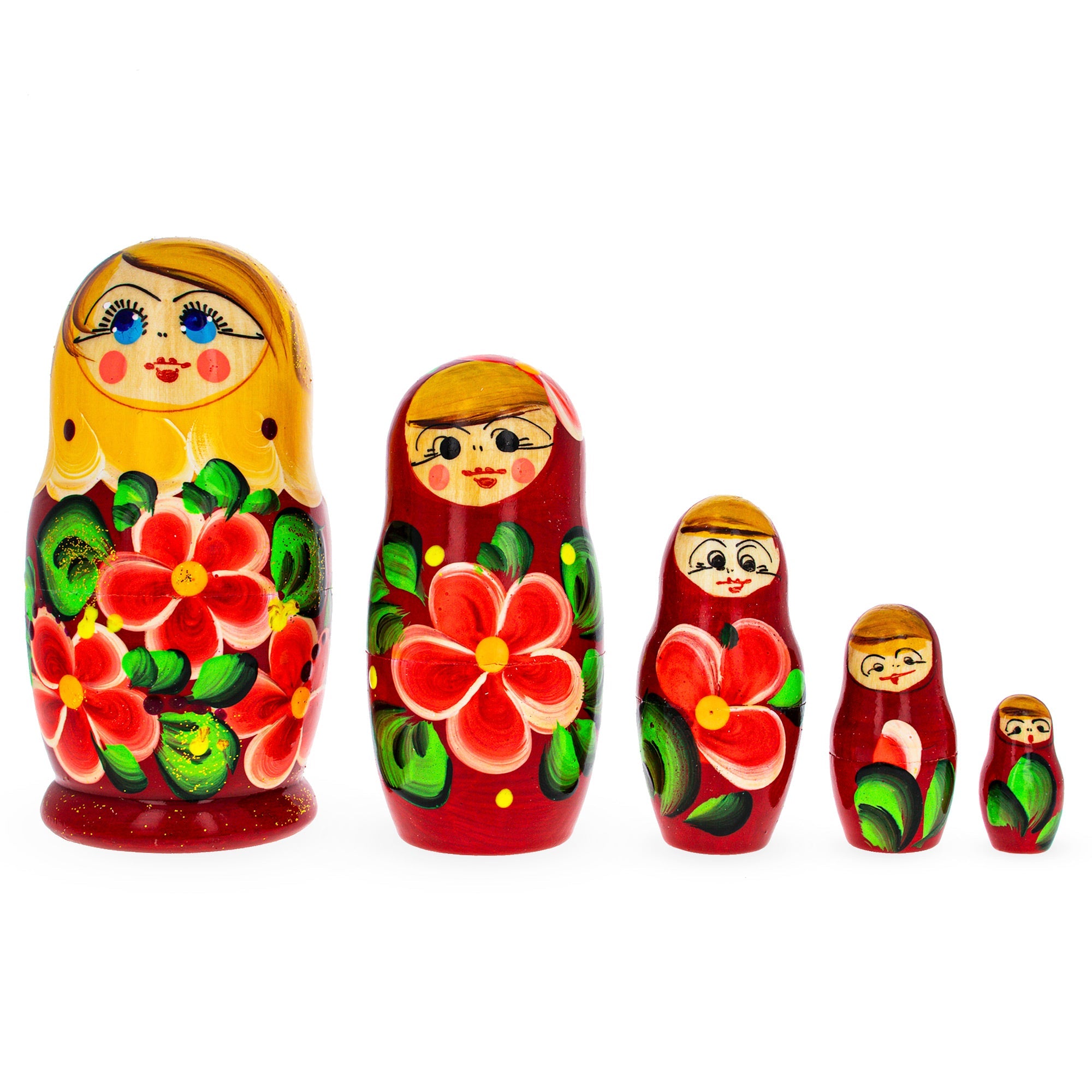 Beautiful Wooden  With Orange Color Hood And Flowers Nesting Dolls