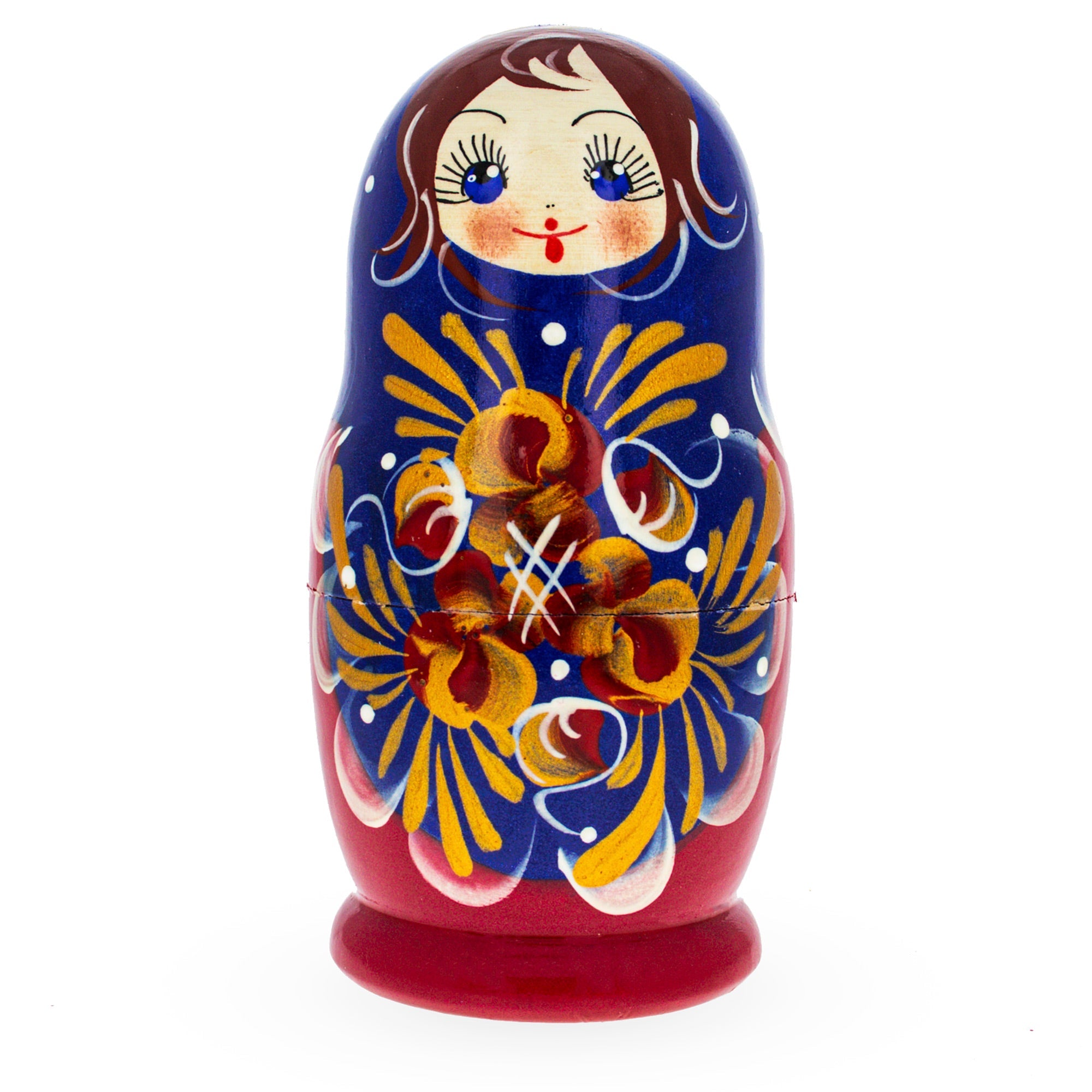 Beautiful Wooden  With Blue Color Hood And Gold Flowers Nesting Dolls