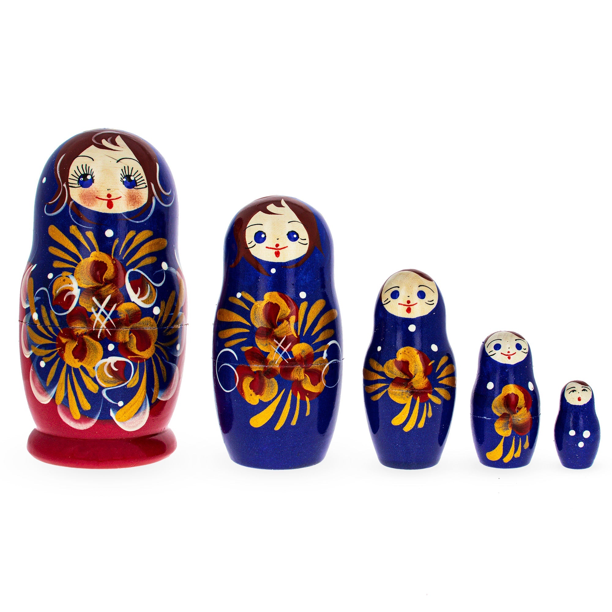 Beautiful Wooden  With Blue Color Hood And Gold Flowers Nesting Dolls