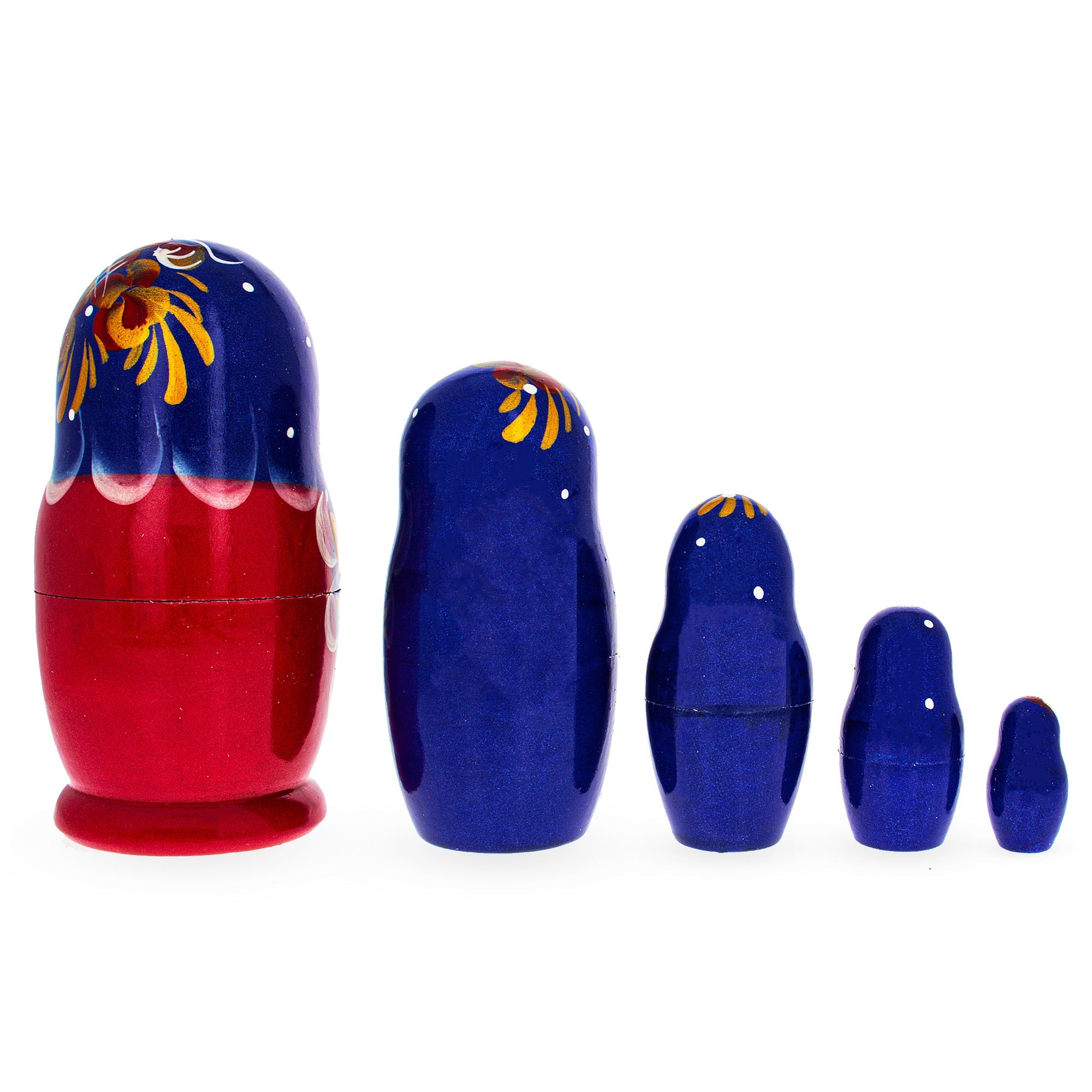 Beautiful Wooden  With Blue Color Hood And Gold Flowers Nesting Dolls