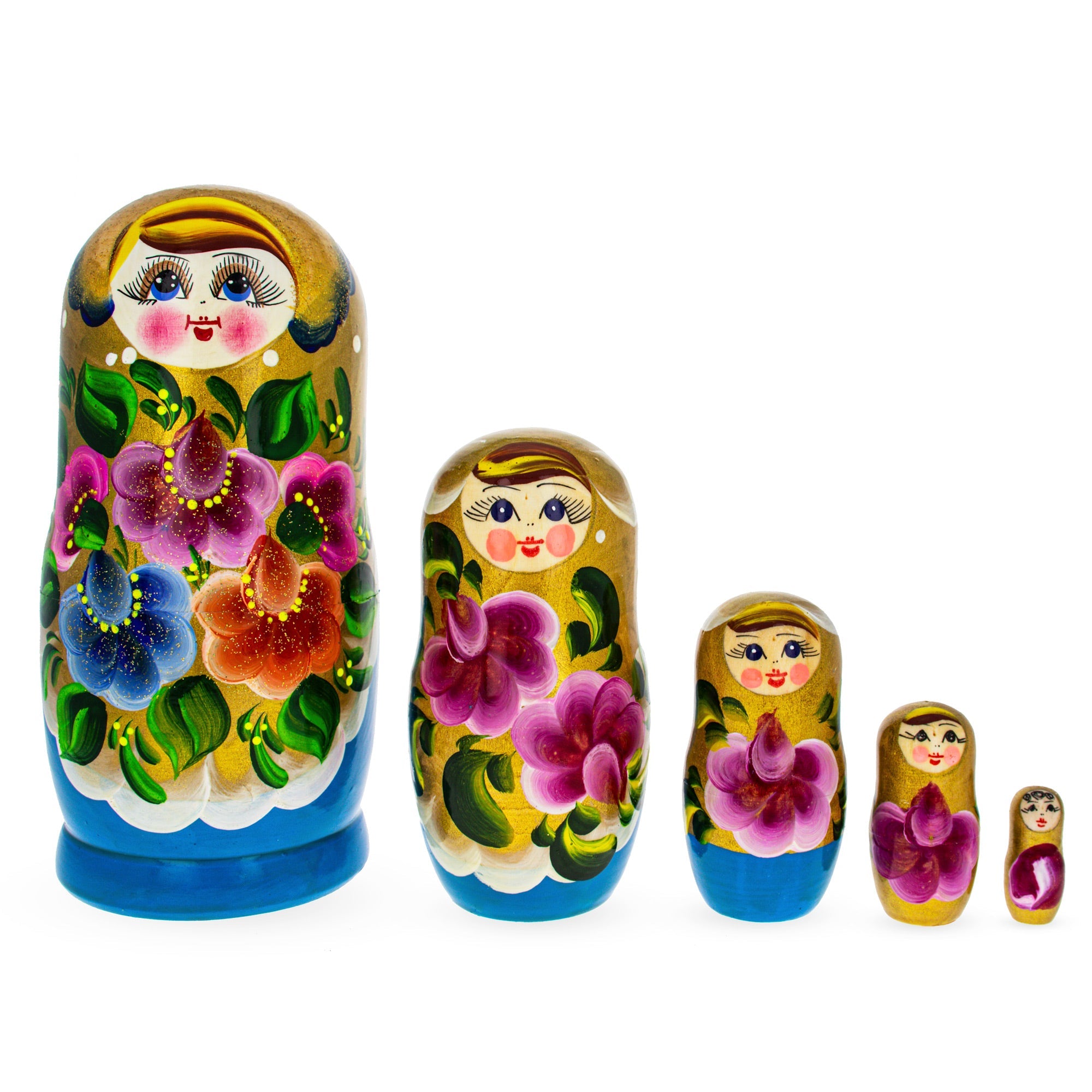 Beautiful Wooden  With Gold Color Hood And Flowers Nesting Dolls