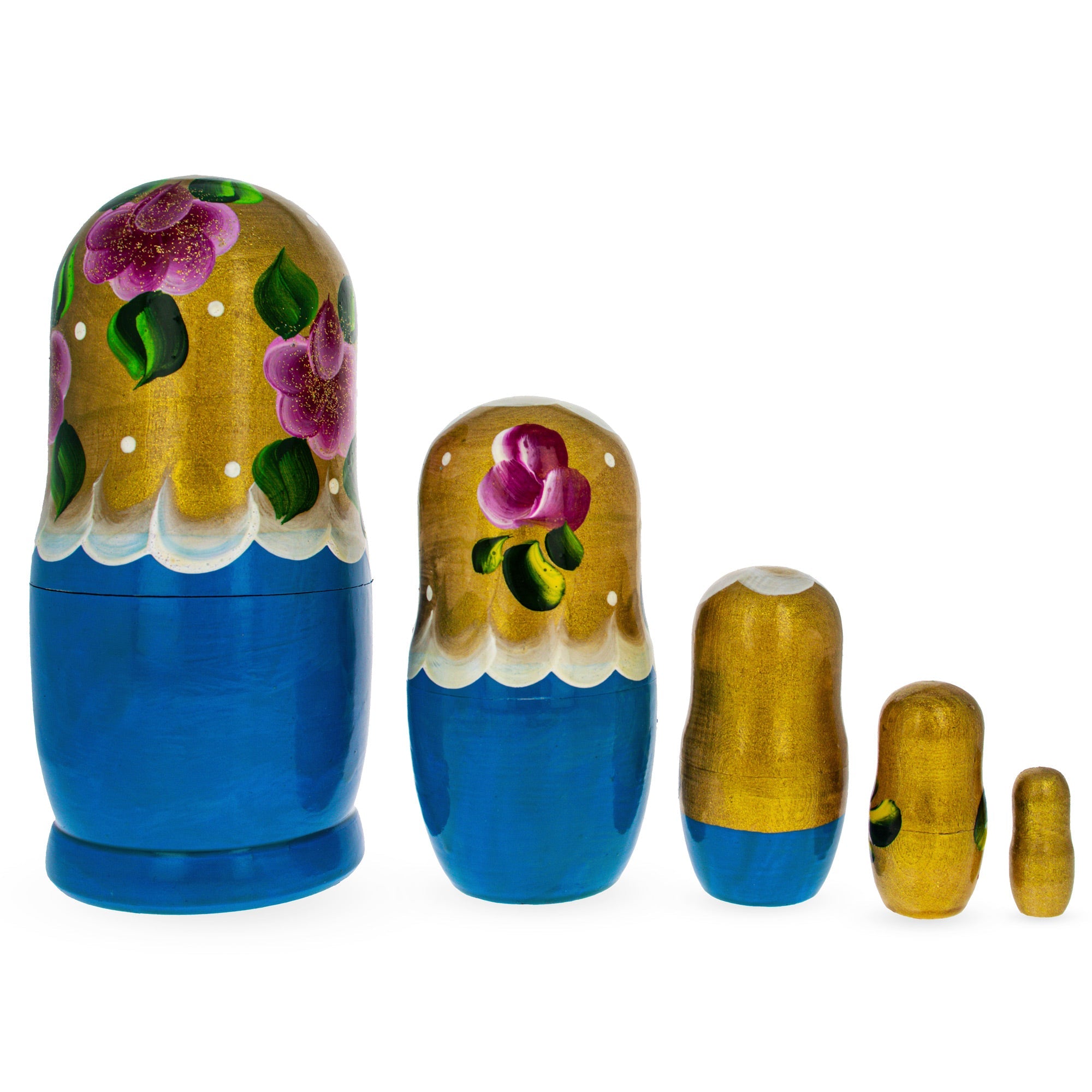 Beautiful Wooden  With Gold Color Hood And Flowers Nesting Dolls