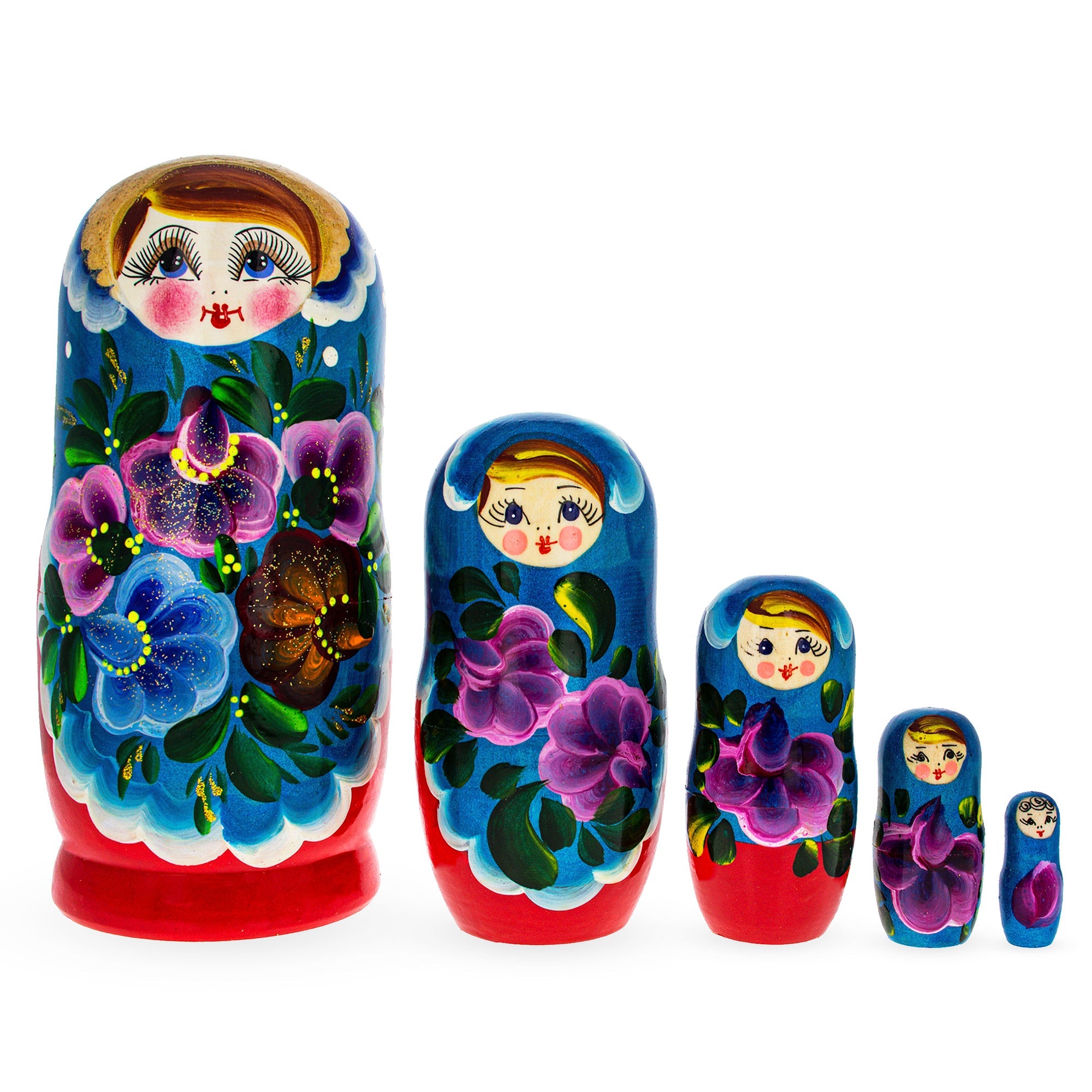 Beautiful Wooden  With Blue Color Hood And Flowers Nesting Dolls