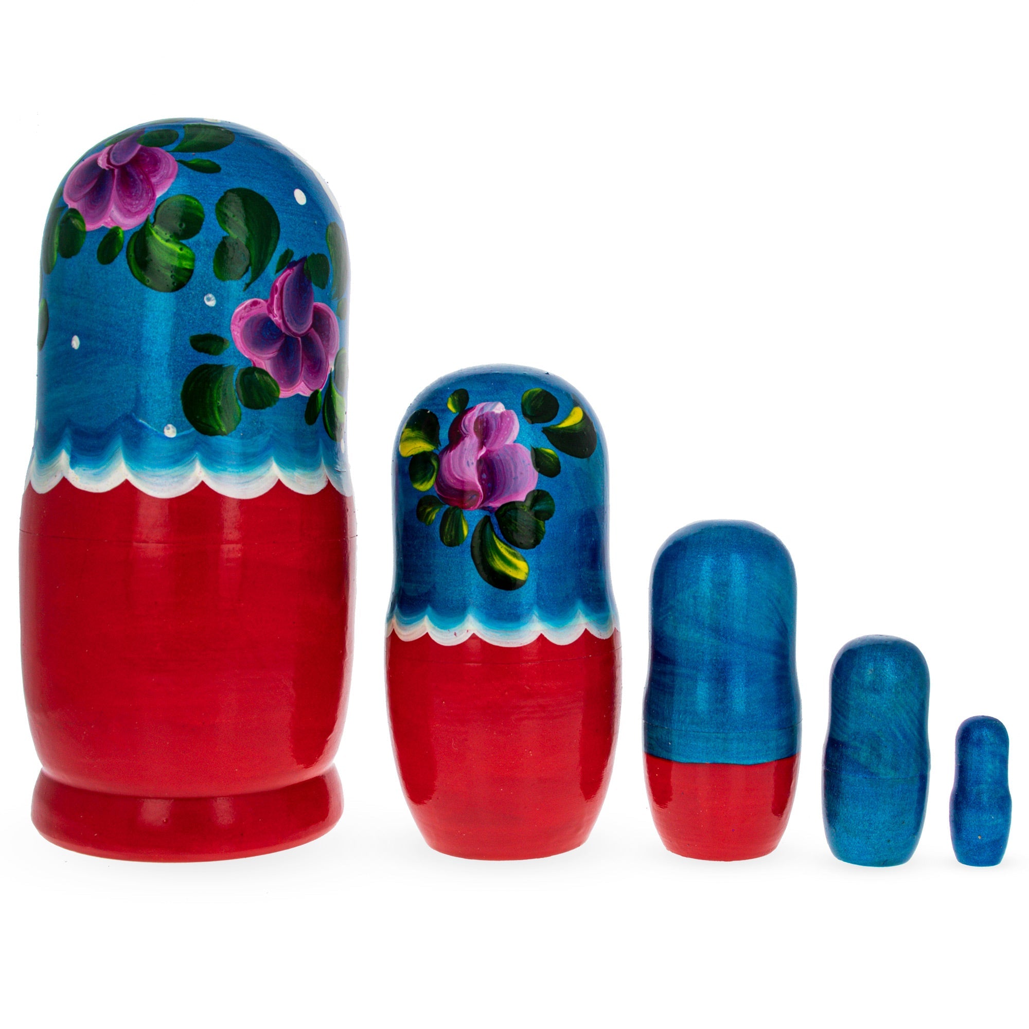 Beautiful Wooden  With Blue Color Hood And Flowers Nesting Dolls