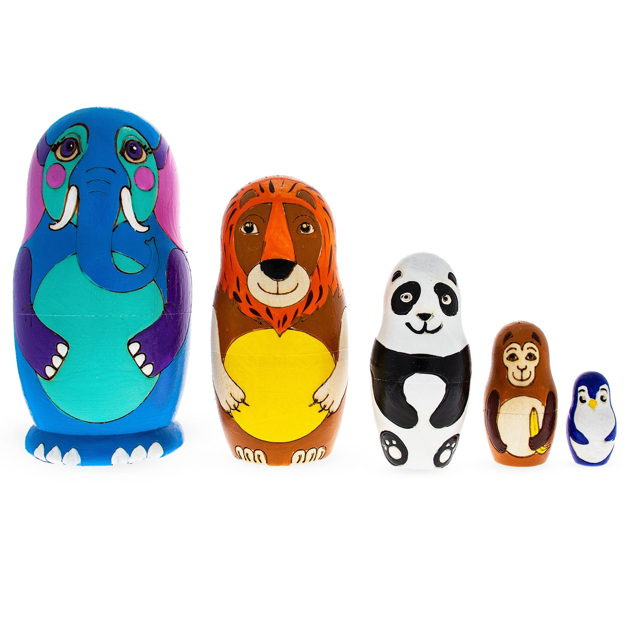 Set Of 5 Zoo Animals Wooden Nesting Dolls