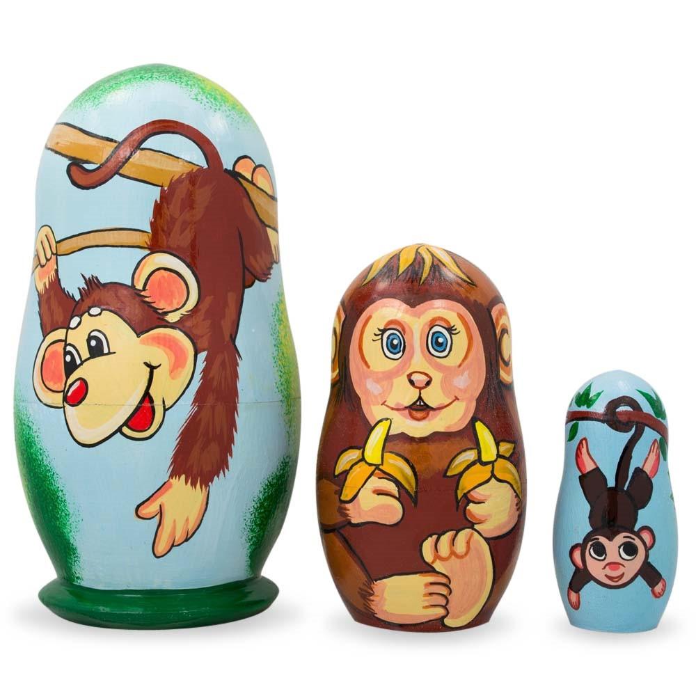 Set Of 3 Smiling Monkeys Wooden Nesting Dolls 4.25 Inches