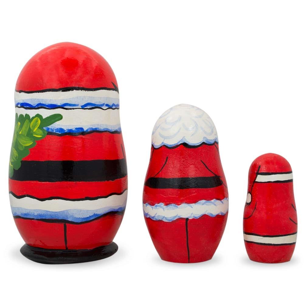 Set Of 3 Smiling Santa Claus Figurines Wooden Nesting Dolls 4.25 Inches