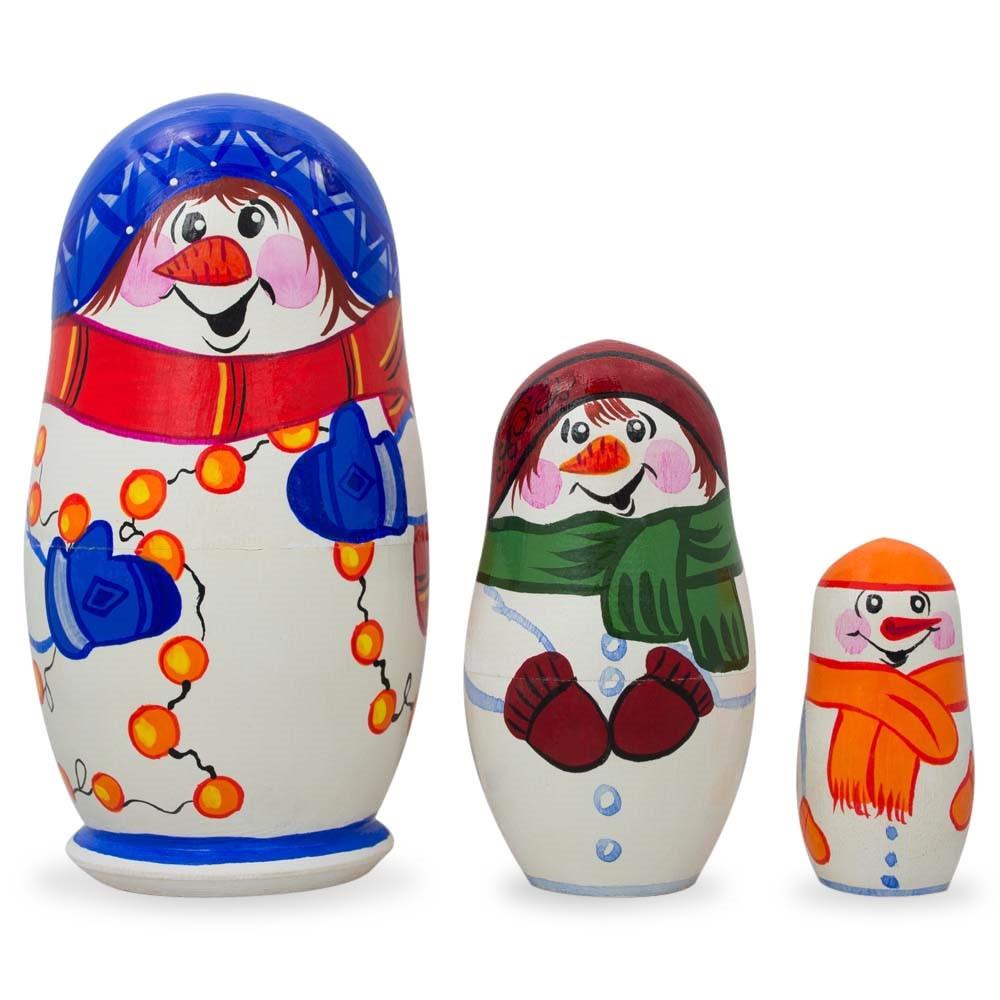 Set Of 3 Snowman Wooden Christmas Nesting Dolls 4.25 Inches