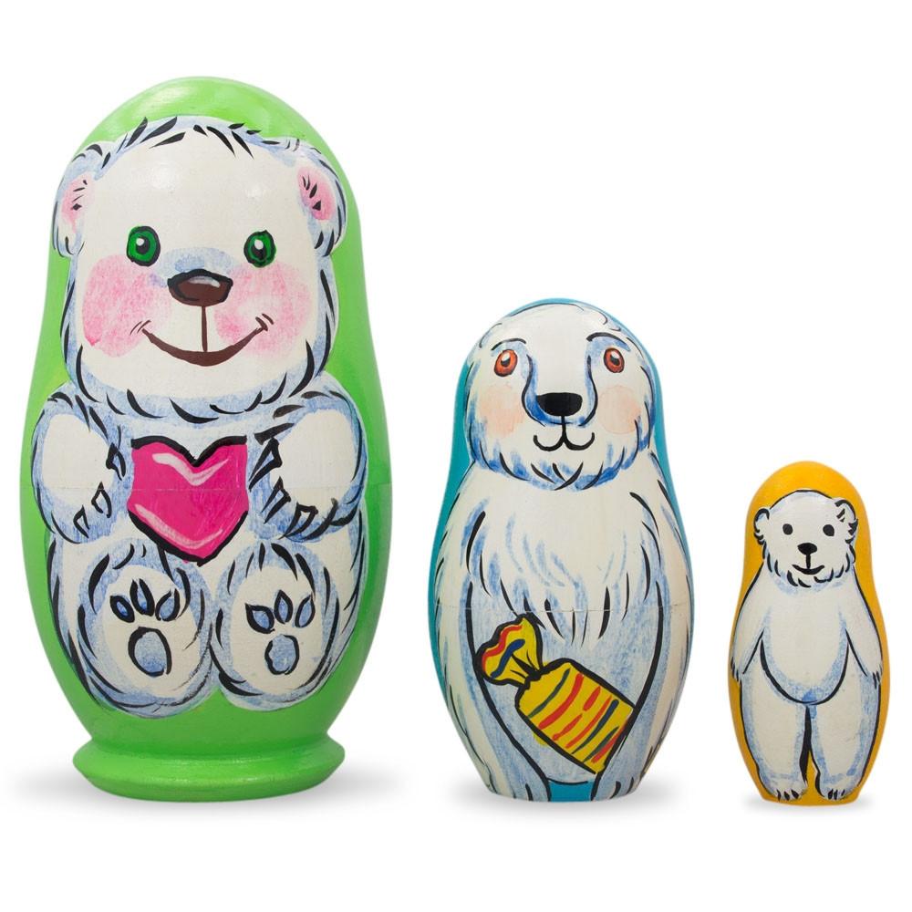 Set Of 3 Bears With Heart Wooden Nesting Dolls 4.25 Inches