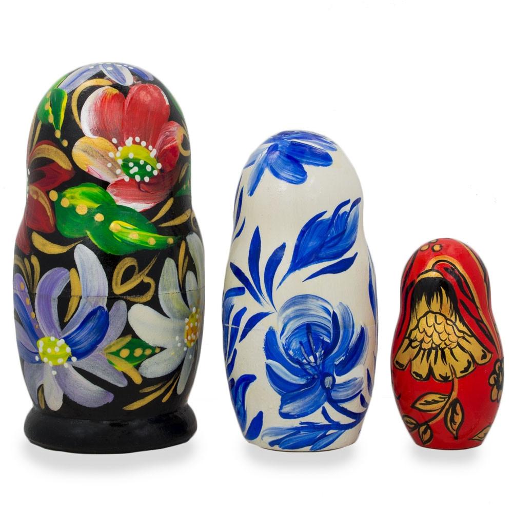 Set Of 3 Khokhloma Flowers Wooden Nesting Dolls 4.25 Inches