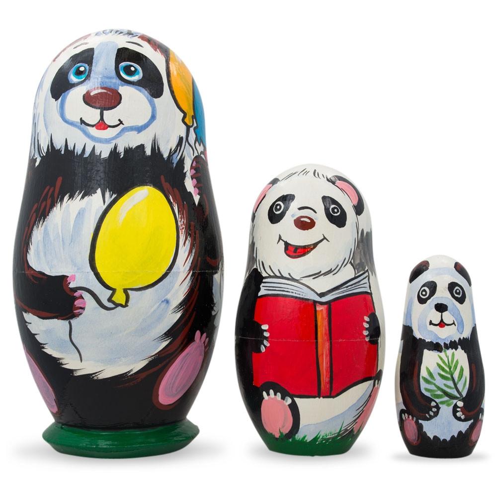 Set Of 3 Panda Bears Family Wooden Nesting Dolls 4.25 Inches