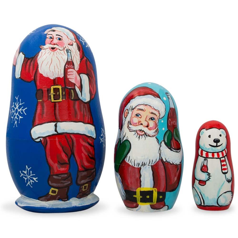 3 Santa Claus And Polar Bear Wooden Nesting Dolls 4.25 Inches