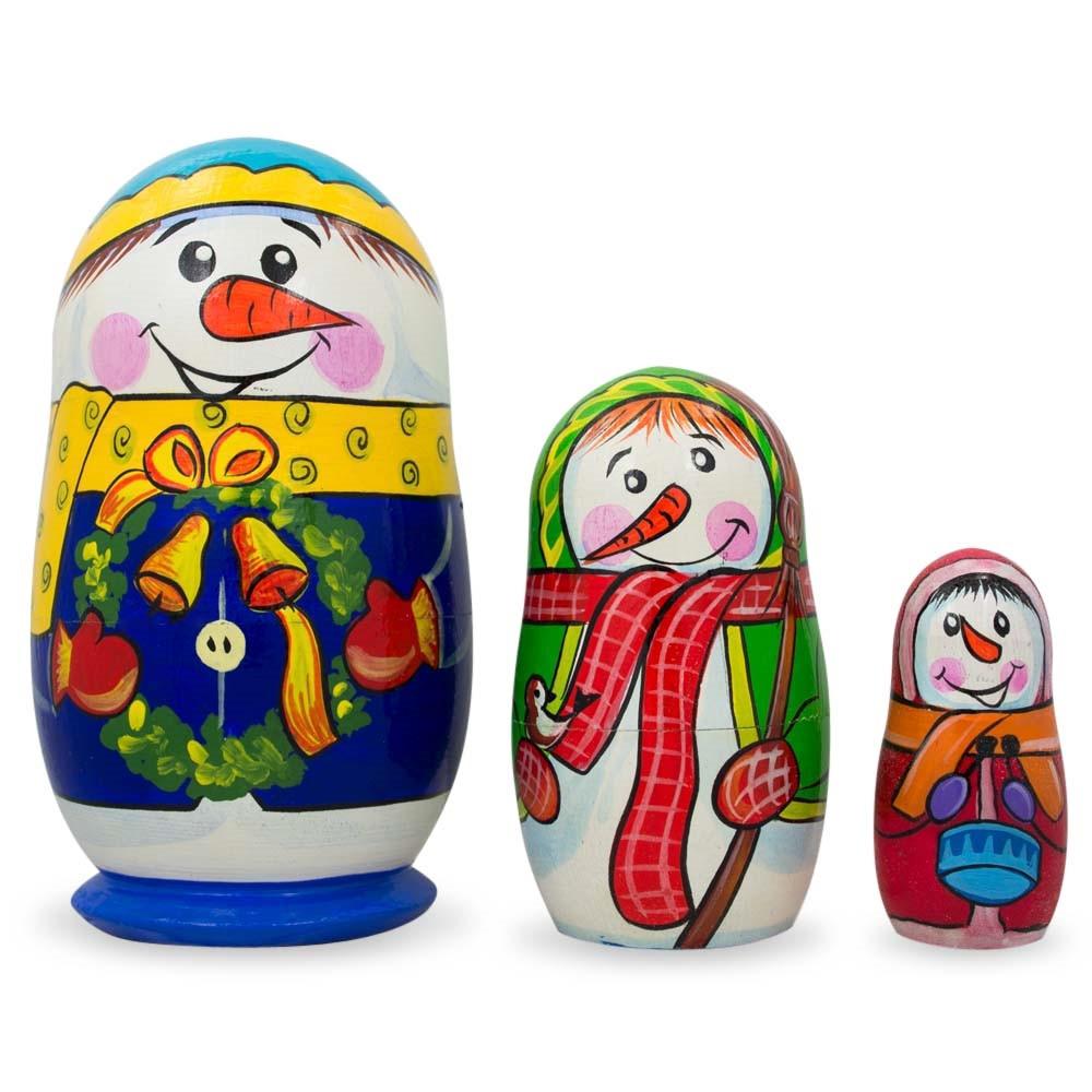 Set Of 3 Snowman Family Wooden Nesting Dolls 4.25 Inches