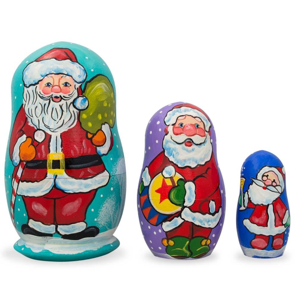 Set Of 3 Santa Claus With Gifts Wooden Nesting Dolls Figurines 4.25 Inches