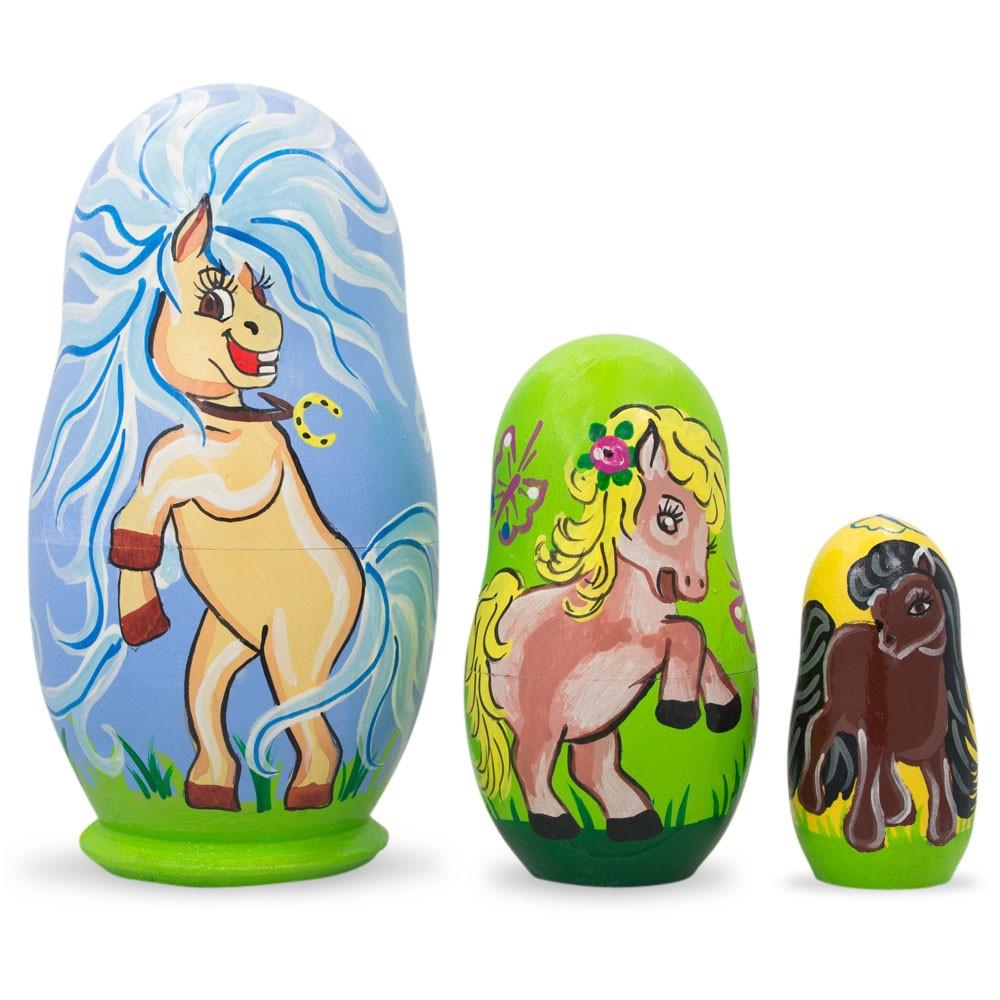 Set Of 3 Pony Horses Wooden Nesting Dolls 4.25 Inches