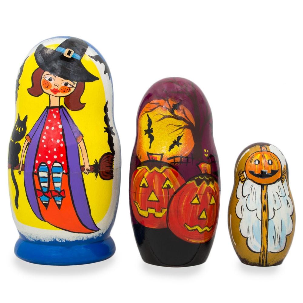 Set Of 3 Halloween Witch And Pumpkins Wooden Nesting Dolls 4.25 Inches