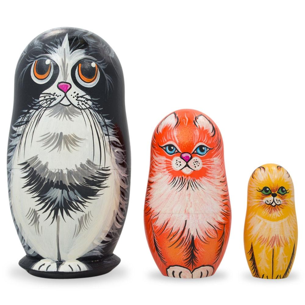 Set Of 3 Black, Red & Yellow Cats Wooden Nesting Dolls 4.25 Inches