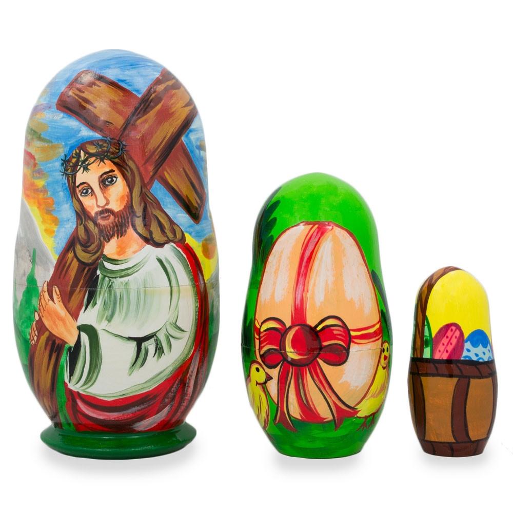 Set Of 3 Jesus With Cross, Easter Eggs Wooden Nesting Dolls 4.25 Inches