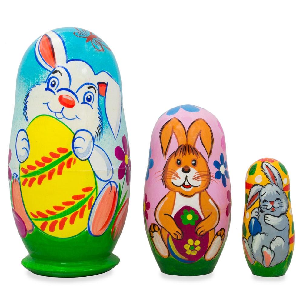 Set Of 3 Bunnies And Easter Eggs Wooden Nesting Dolls 4.25 Inches