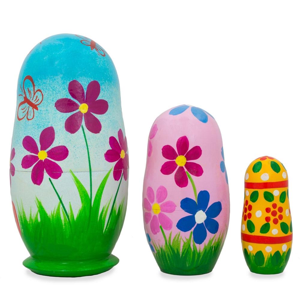 Set Of 3 Bunnies And Easter Eggs Wooden Nesting Dolls 4.25 Inches