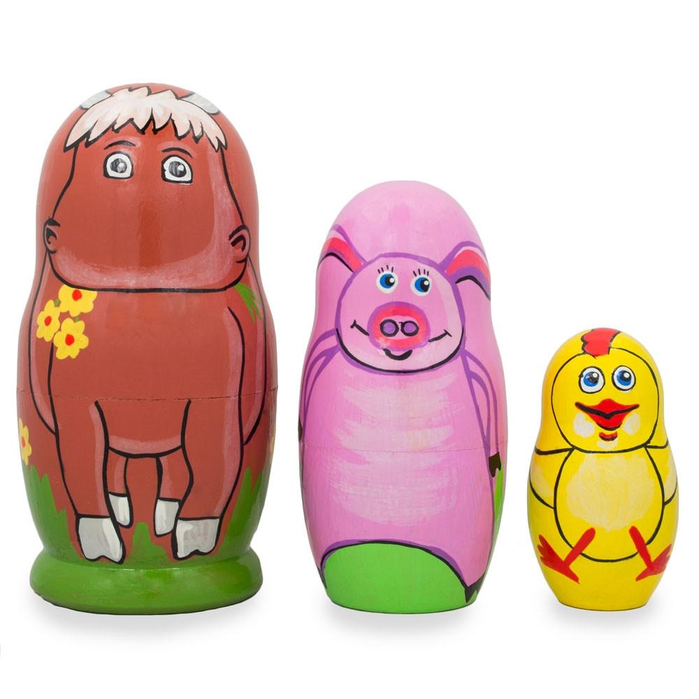 Set Of 3 Cow, Pig And Chicken Wooden Nesting Dolls 4.25 Inches