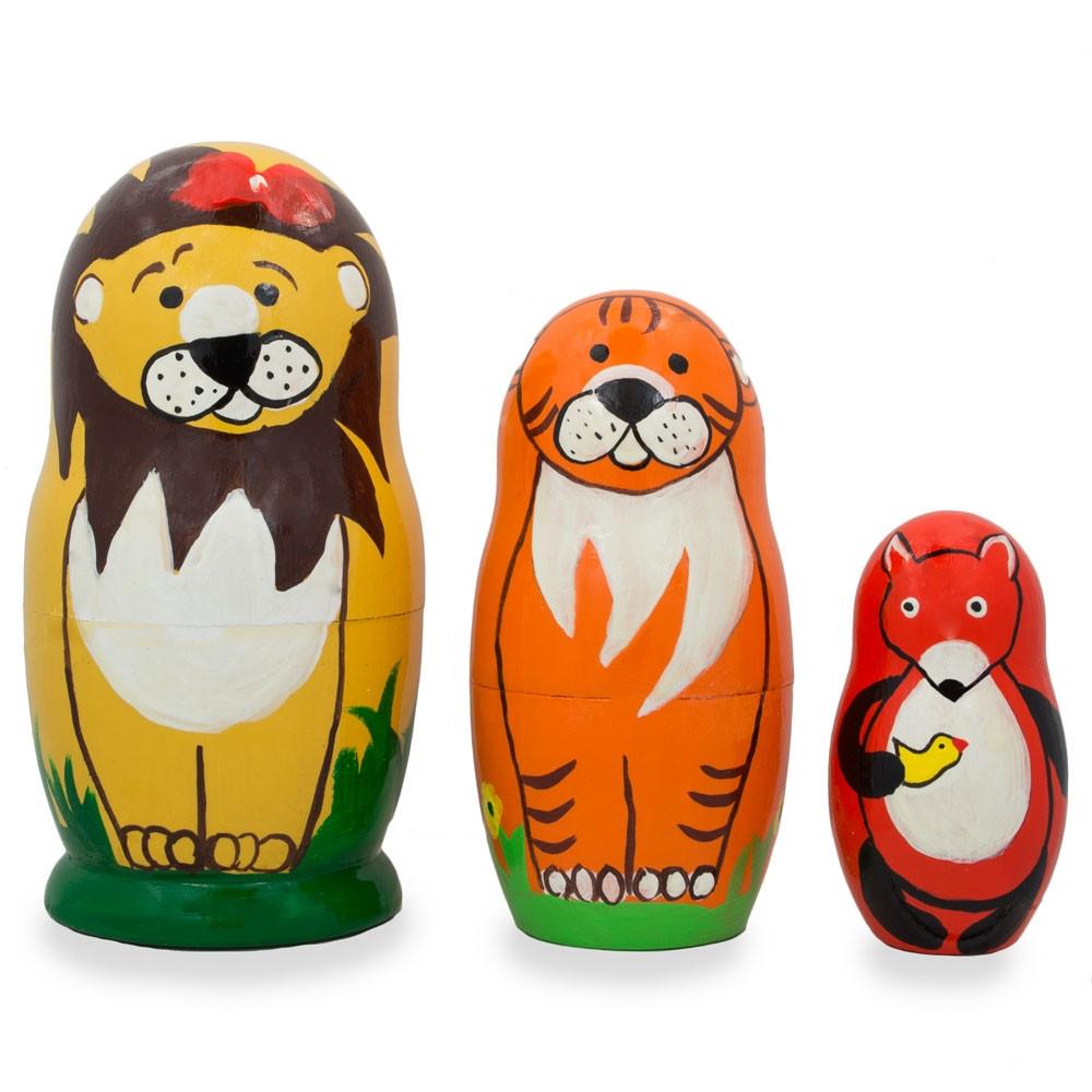 Set Of 3 Lion, Tiger, And Fox Wooden Nesting Dolls 4.25 Inches