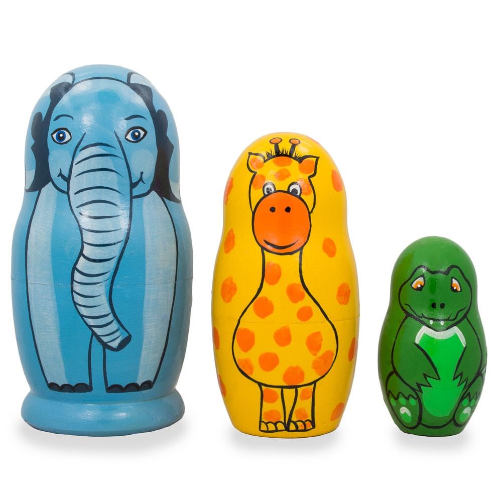 Set Of 3 Elephant, Giraffe, And Alligator Wooden Nesting Dolls 4.25 Inches