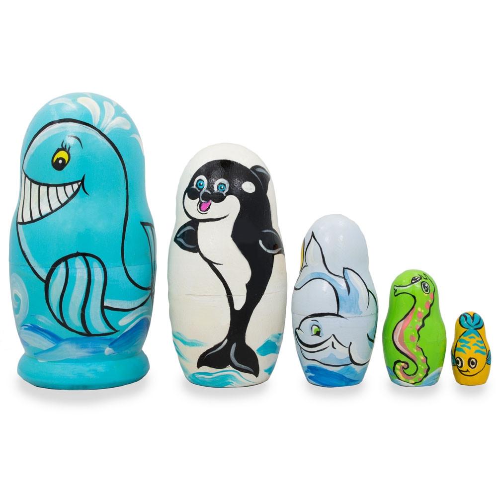 Set Of 5 Dolphin, Whale, Seahorse Wooden Sea Animals Nesting Dolls 4.25 Inches