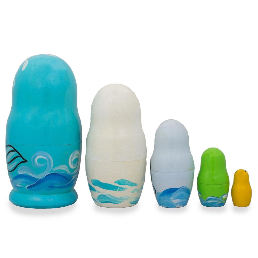 Set Of 5 Dolphin, Whale, Seahorse Wooden Sea Animals Nesting Dolls 4.25 Inches