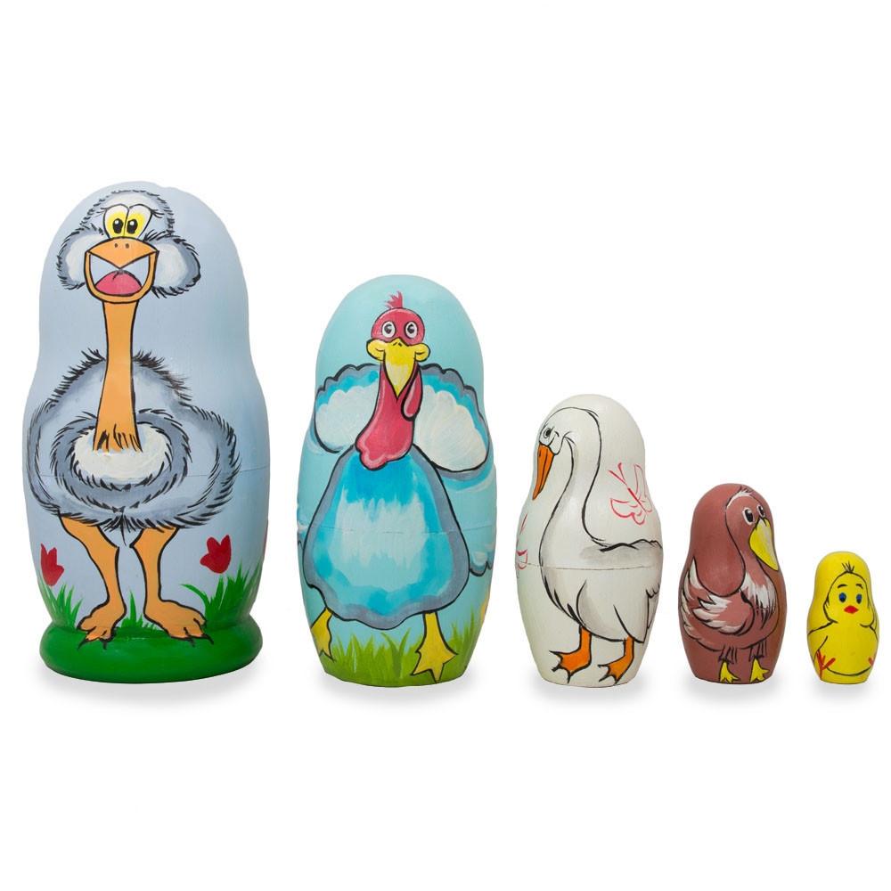 Set Of 5 Ostrich, Turkey, Duck Birds Wooden Animal Nesting Dolls 4.25 Inches