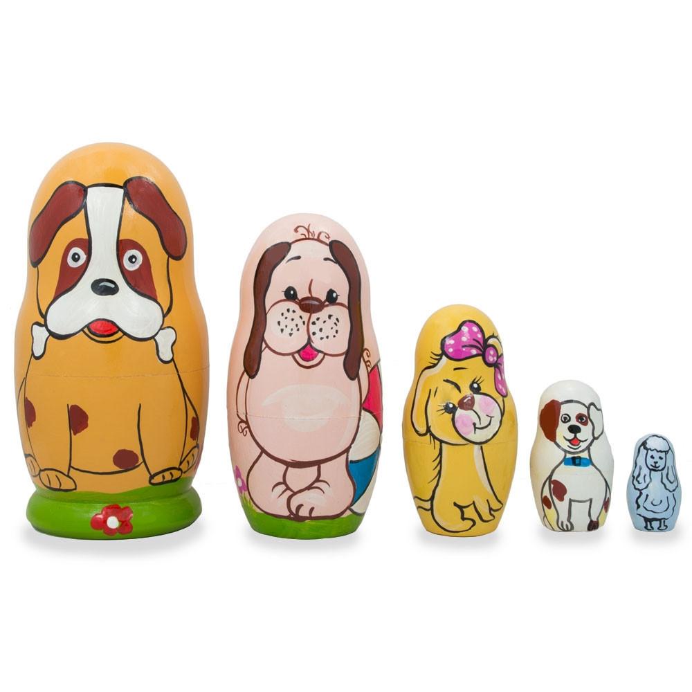 Set Of 5 Dogs And Puppies Wooden Nesting Dolls 4.25 Inches