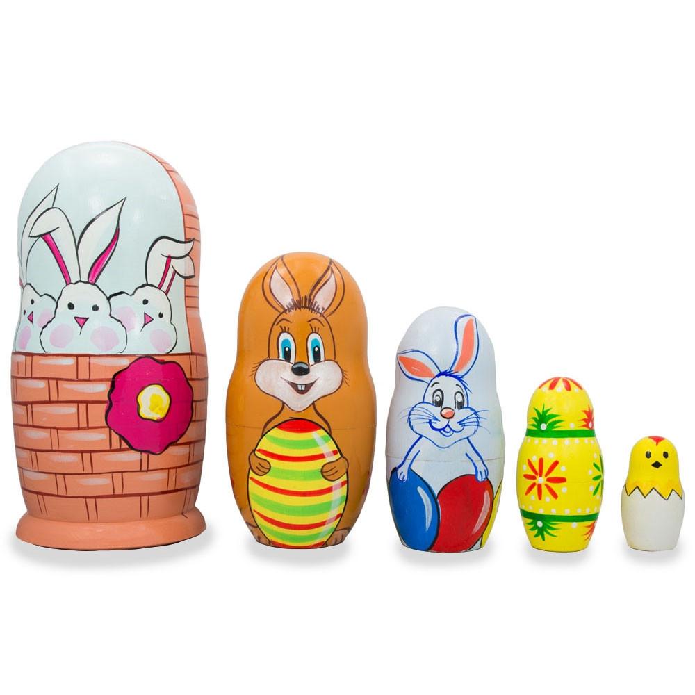 5 Bunnies, Chick With Easter Eggs Wicker Basket Wooden Nesting Dolls 6 Inches