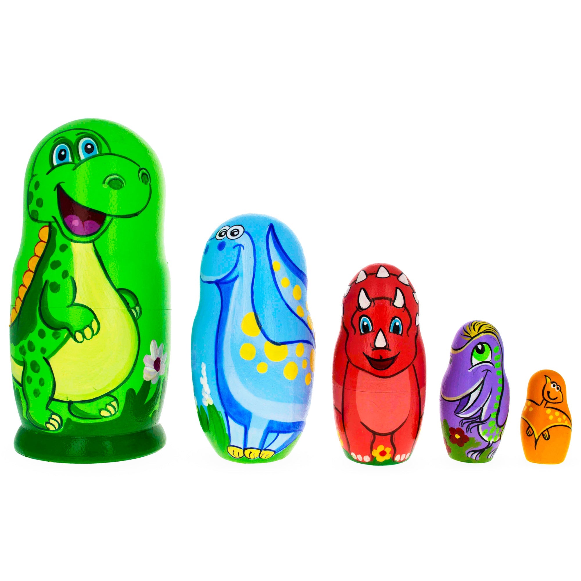 Set Of 5 Dinosaurs Wooden Nesting Dolls 6 Inches