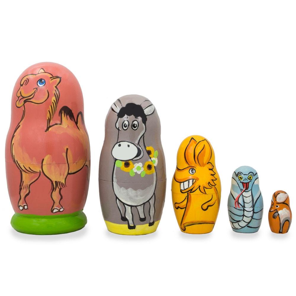 Set Of 5 Camel, Donkey, Snake Wooden Animal Nesting Dolls 4.25 Inches