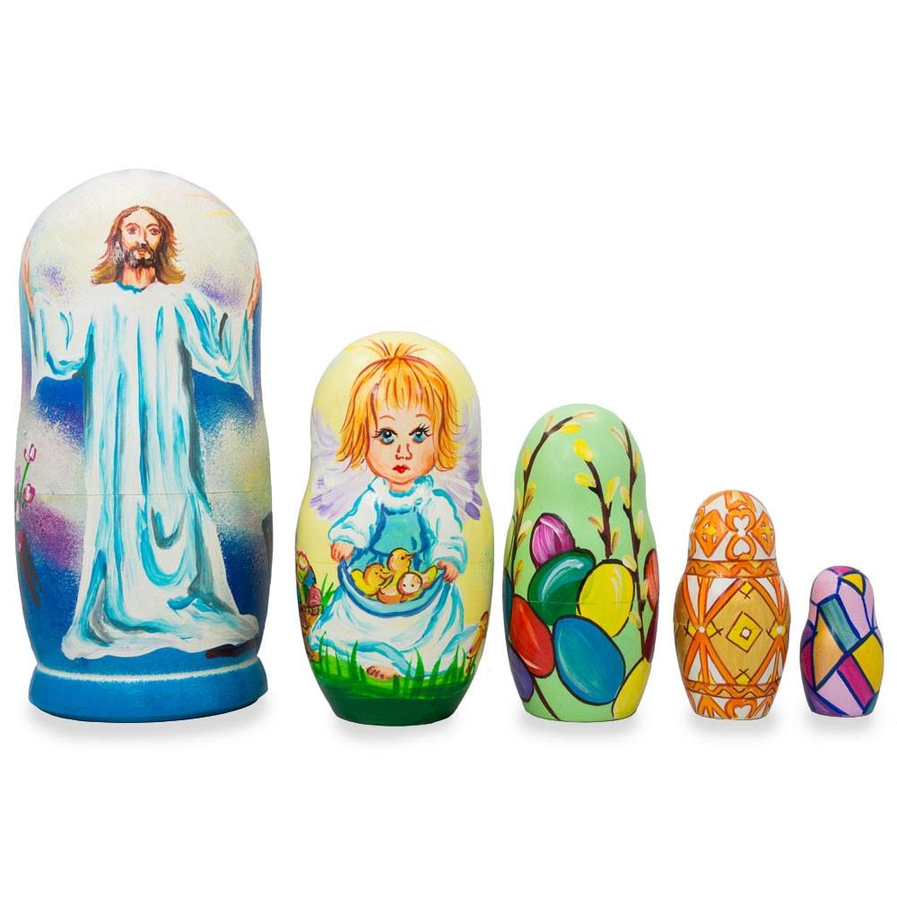 Set Of 5 Jesus Christ Rising, Angel And Easter Eggs Wooden Nesting Dolls 6 Inches