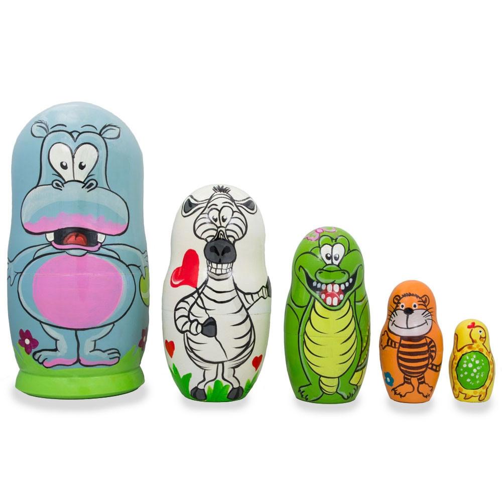 Set Of 5 Hippo, Zebra And Tiger Wooden Animal Nesting Dolls 6 Inches