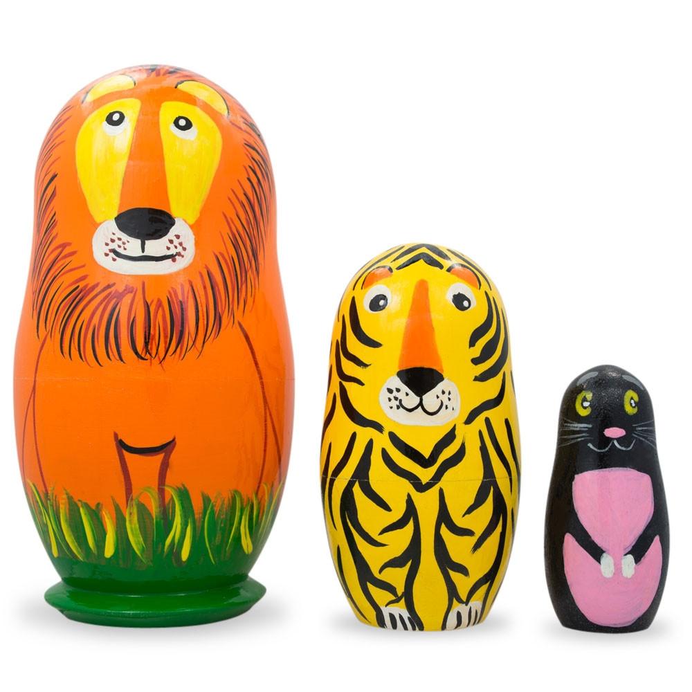 Set Of 3 Lion, Tiger, Puma Wooden Nesting Dolls 4.25 Inches